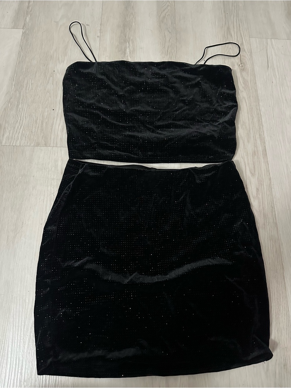 Black Velvet Two-Piece Crop Top & Mini Skirt Set